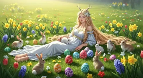 Radiant Goddess in Spring Field | Colorful Eggs & Bunnies