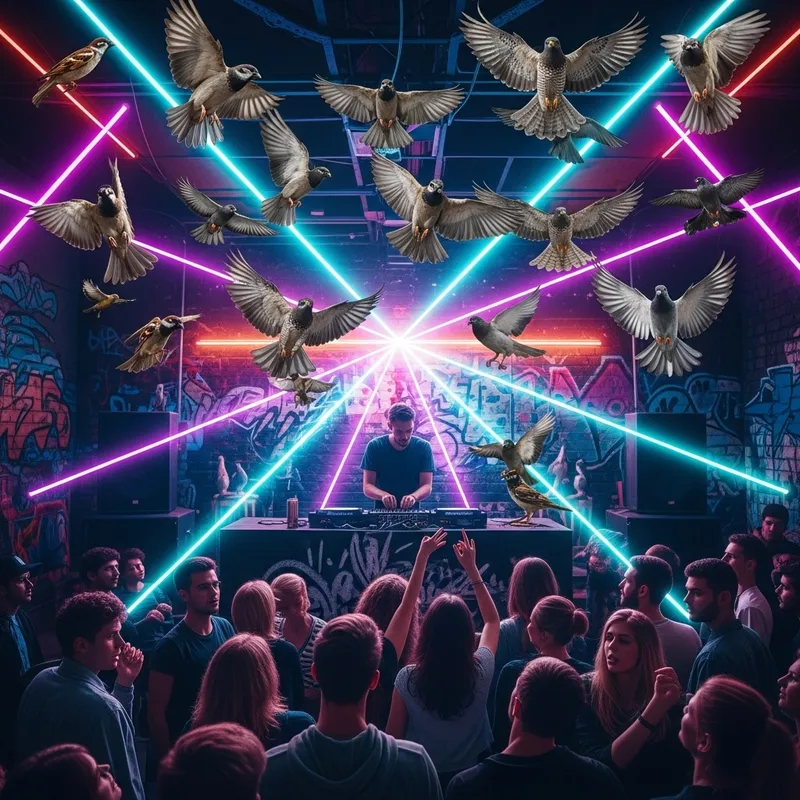Flying Birds in Techno Club: Surreal Urban Nightlife Scene