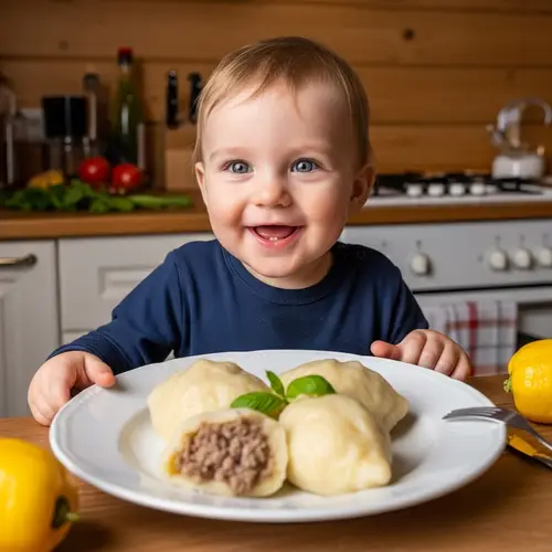 Delicious Lithuanian Cepelinai: Joyful Baby Boy in Cozy Kitchen