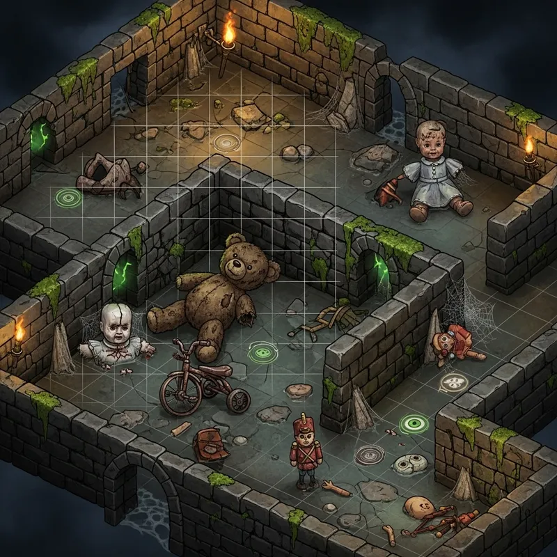 Creepy Dungeon Grid Map: Spooky Toy-filled Underworld Layout Creepy Dungeon Grid Map: Spooky Toy-filled Underworld Layout