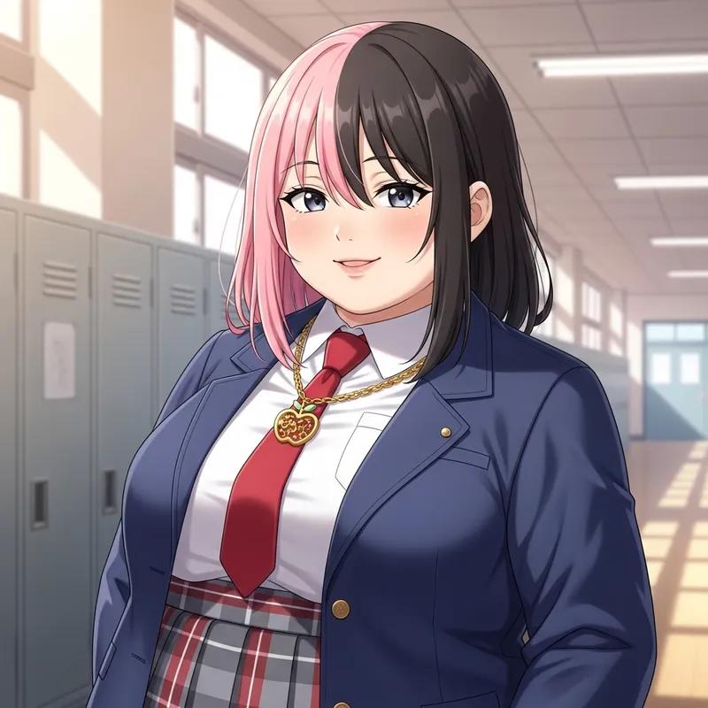 Anime-Style Plump Student Character with Black and Pink Hair Anime-Style Plump Student Character with Black and Pink Hair