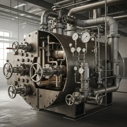 Industrial Boiler Illustration | Factory Setting with Tubes & Gauges