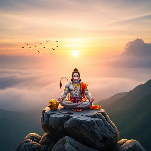 Divine Lord Hanuman Meditating on Mountain Top