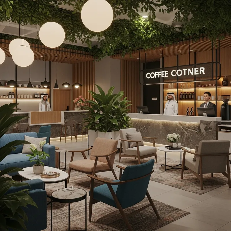 Modern Cozy Hotel Lifestyle: Plant-filled Reception & Coffee Corner
