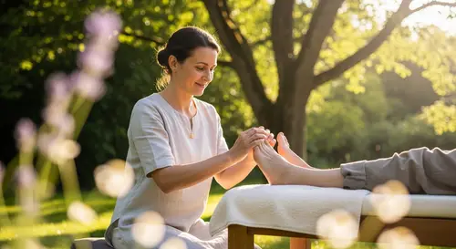 Female Healer Performing Foot Reflexology Session | Peaceful Natural Backdrop