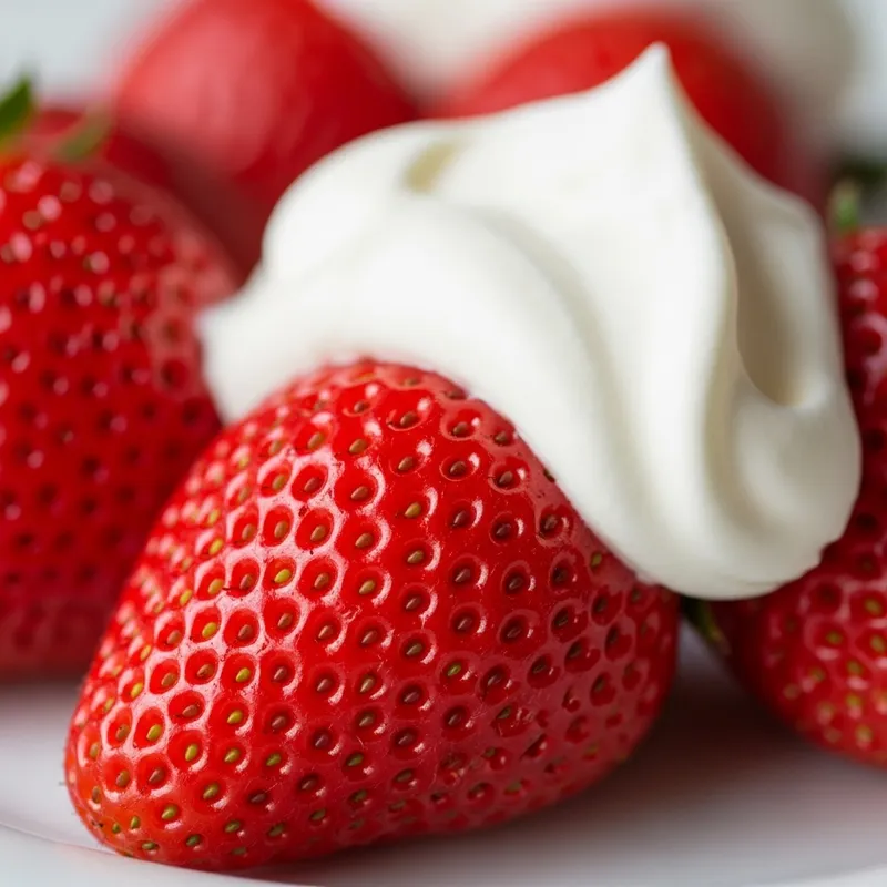 Close-Up Ripe Strawberries with Whipped Cream | Food Photography