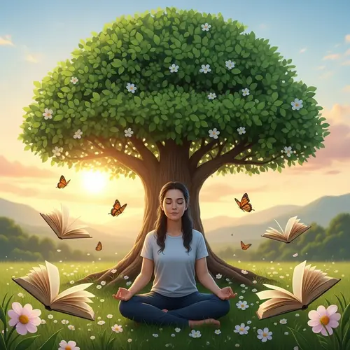Tranquil Garden with Serene Meditating Person - Cultivation of Inner Happiness