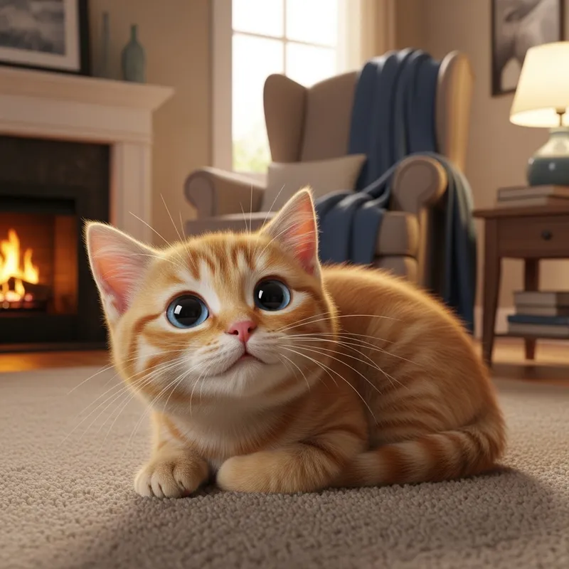 Adorable Ginger House Cat Relaxing by Fireplace