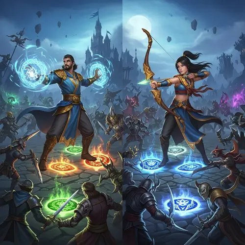 Fantasy Mobile Game Characters Battling on Mystical Energy Field