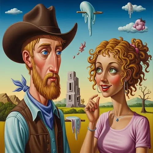 Surreal Oil Painting: European Cowboy and City Girl Encounter