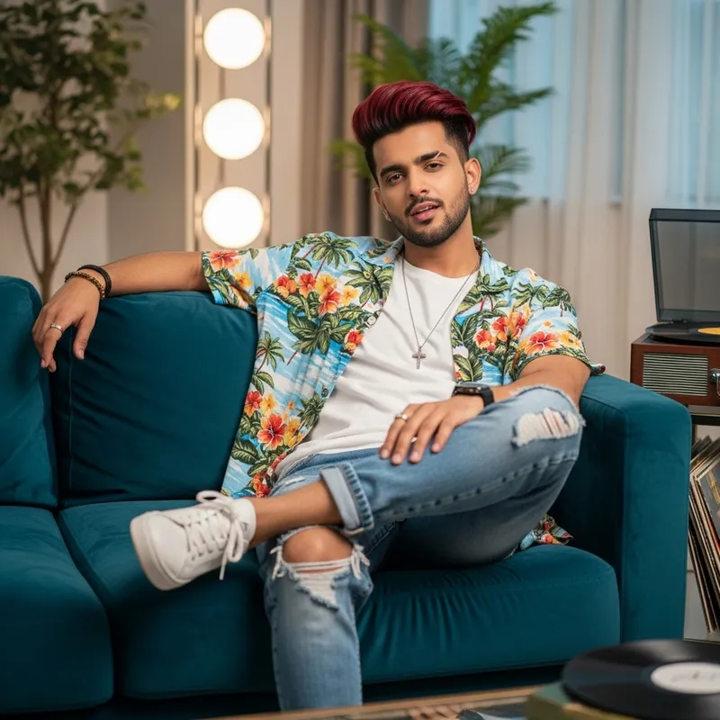 South Asian Male Pop Idol on Sofa with Crimson Hair
