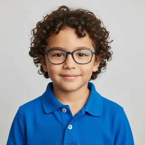 Young Hispanic Boy with Curly Hair in Blue Polo Shirt and Glasses