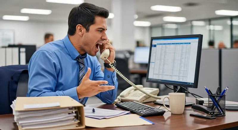 Frustrated Hispanic Professional Man Yelling at Desk
