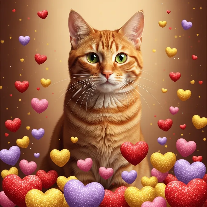 Beautiful Orange Cat Among Hearts - Emotional Pet Imagery