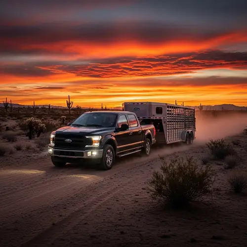 Black Pickup Truck in Desert with Livestock Trailer