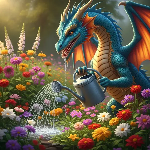 Majestic Dragon Tending Garden of Vibrant Flowers