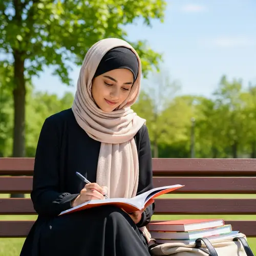 Graceful Middle-Eastern Student Immersed in Learning Outdoors