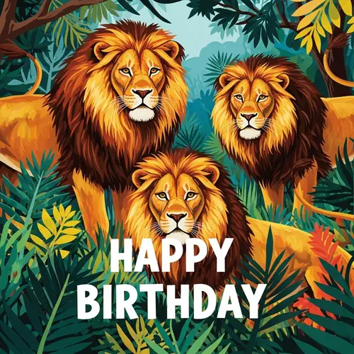 Vibrant & Colorful Birthday Poster with Majestic Lions - Henri Rousseau Inspired