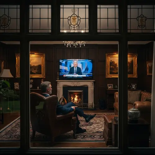 Luxurious Window View: Wealthy Man Watching News on Big TV