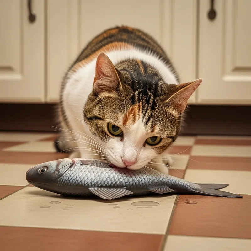 Calico Cat Eating Fish in Cozy Kitchen