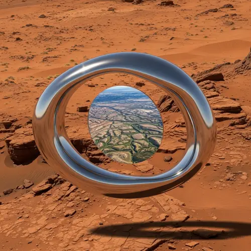Liquid Metal Object Reflecting Martian Desert: Surreal Beauty