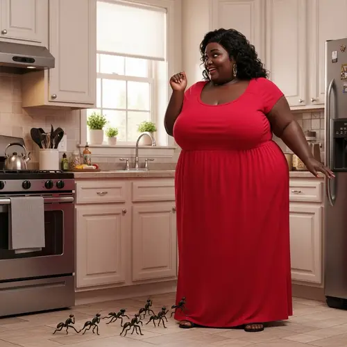 Smiling Fat Black Arabic Woman in Red Dress Watching Tiny Men Flee