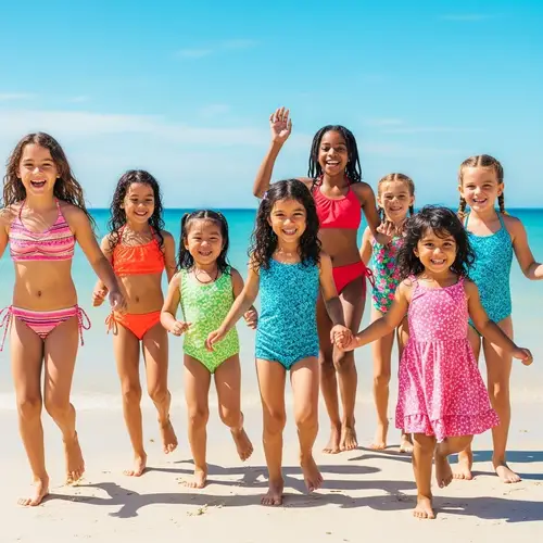 Diverse Group of Young Girls Playing on Beach | Joyful Scene