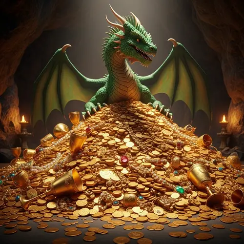 Shiny Green Dragon Guarding Gold Treasure in Mythical Cave
