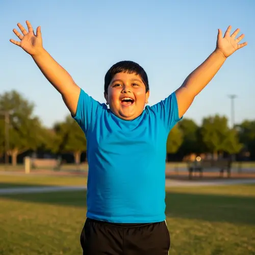 Joyful Chubby South Asian Boy with Raised Arms in Blue T-shirt
