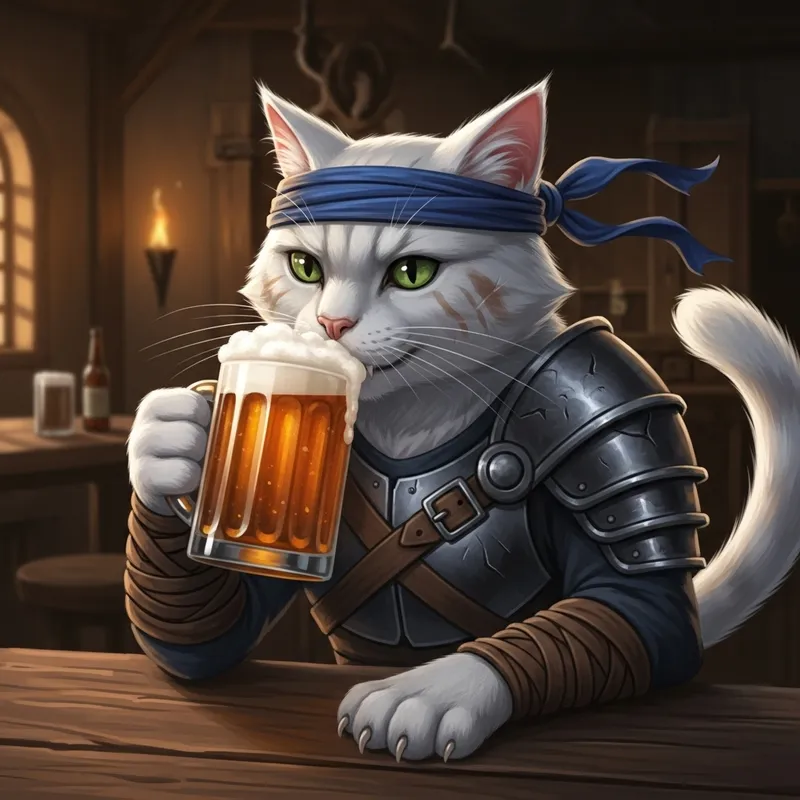 Fierce Feline Warrior Savoring Brew with Bond on Head