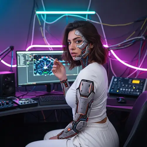 Modern Middle-Eastern Woman with Semi-Cybernetic Face and Podcasting Setup