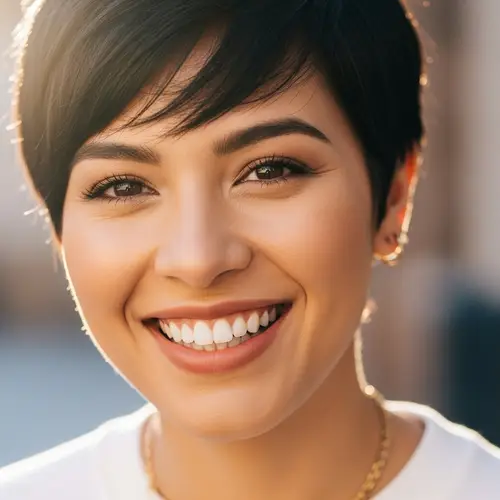 Close-Up Portrait of Person with Short Black Hair and Brown Eyes