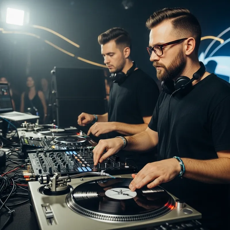 Bearded DJ in Red Glasses Spinning at Turntables