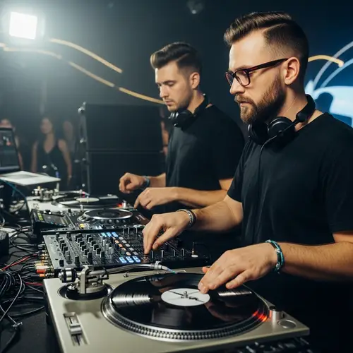 Expert DJs at Turntables: Red Glasses Bearded DJ & Partner