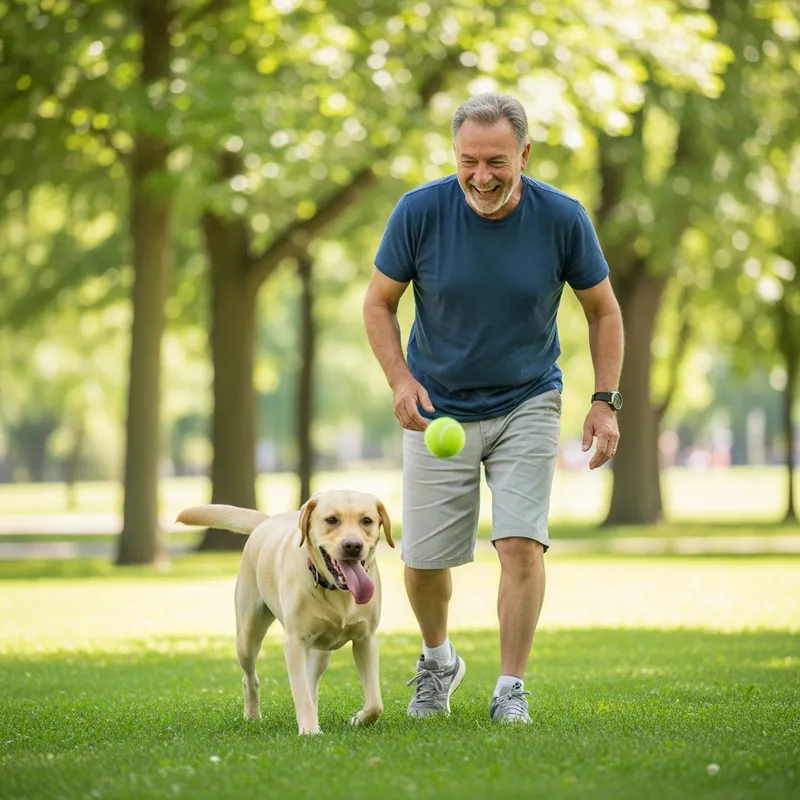 Playful Moment: Man and Labrador Retrievers Enjoying Fetch Game in the Park