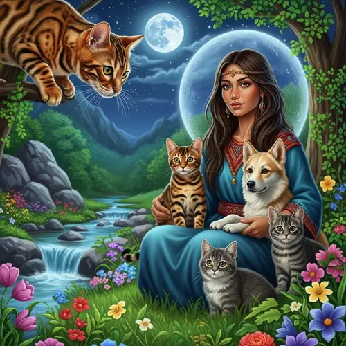 Mystical Scene with Bengal Cat and Shaman under Full Moon