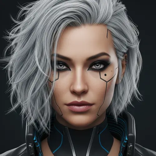 Cyberpunk Female Character with Silver-White Hair | Digital Art Style