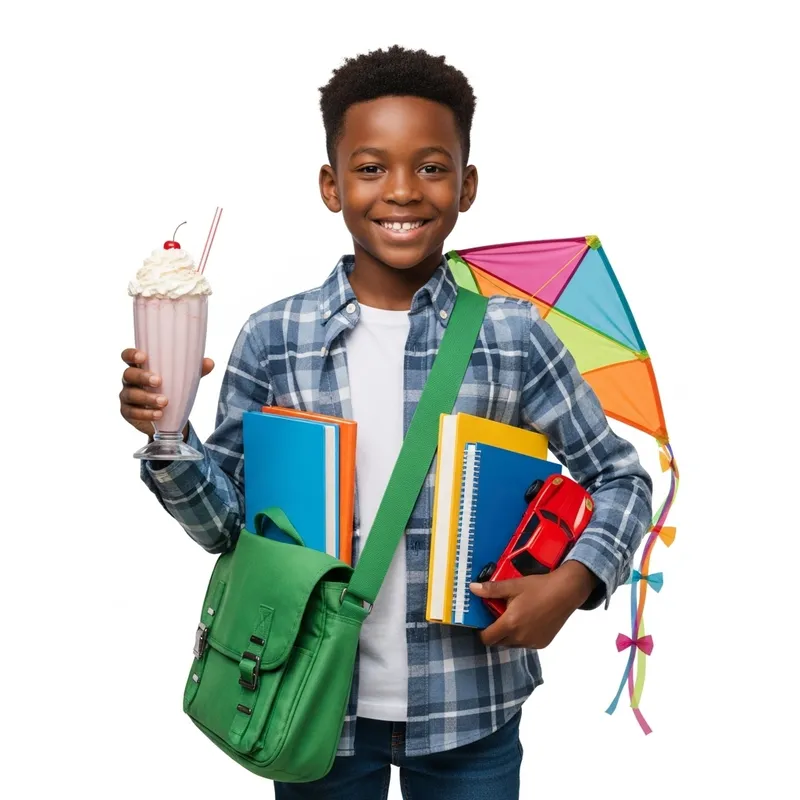 Happy Boy with Milkshake, Green Bag, Red Toy Car, and Kite