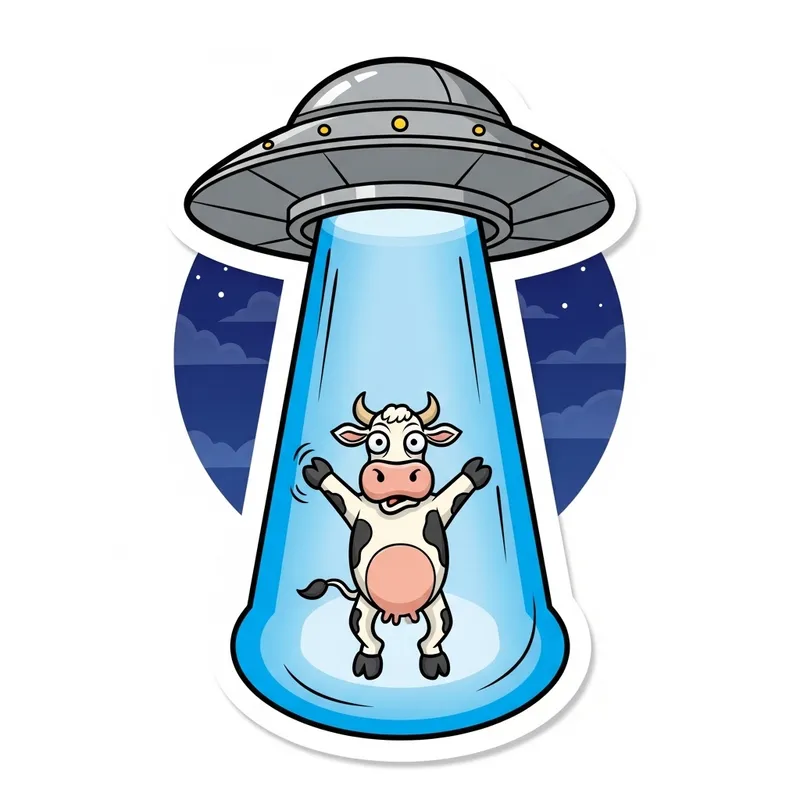 Funny Cartoon: UFO Abducts Cow Under Starry Sky