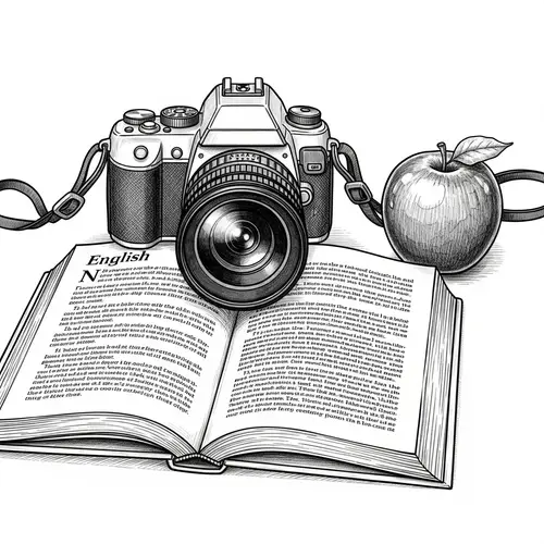 Education and Photography: Camera on Open Book with Apple