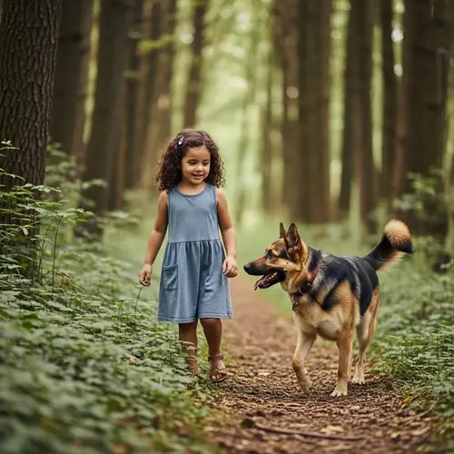 Cherubic Hispanic Girl & Friendly Shepherd Dog in Tranquil Forest