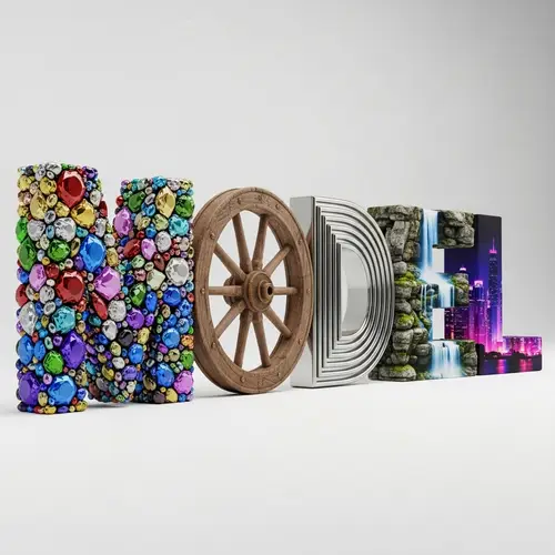 Intricately Designed 3D Model Word with Gemstones, Antique Wheel, Silver Maze, Waterfall, Neon Cityscape
