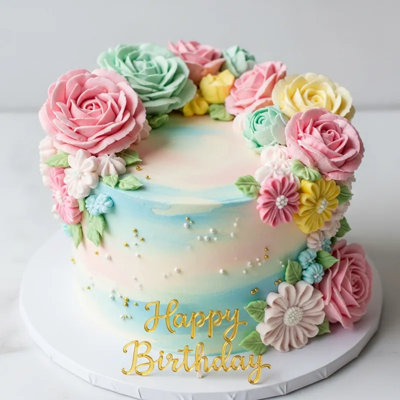 Elegant Birthday Cake with Vibrant Flowers and Gold Calligraphy - Missie Joan's Special Day