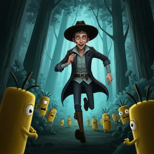 Running through a dark forest with yellow creatures