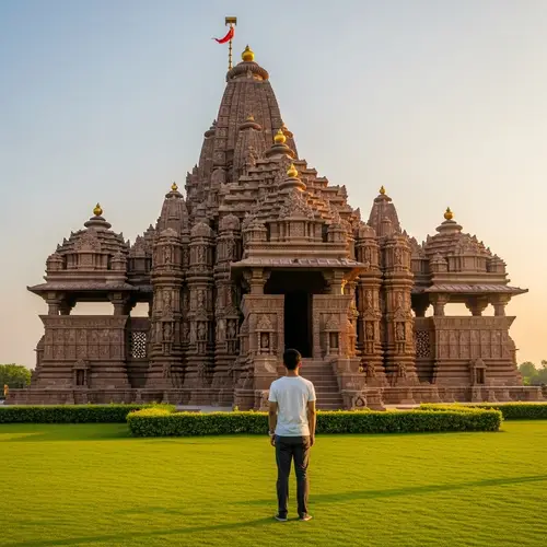 Ancient Temple Visit: Enraptured Traveler at Majestic Shrine