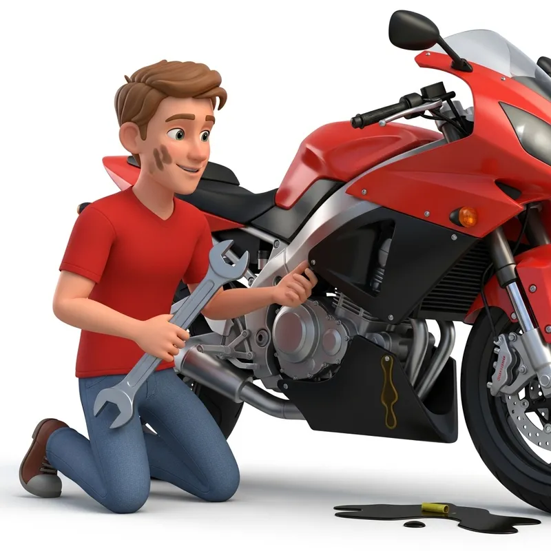 Disney Pixar Style 3D Image: Young Man in Red Shirt Fixing KTM Bike