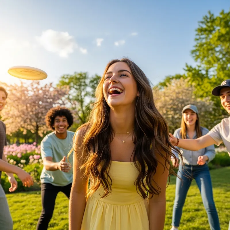 Joyful 19-Year-Old Caucasian Girl Laughing with Friends Outdoors Joyful 19-Year-Old Caucasian Girl Laughing with Friends Outdoors