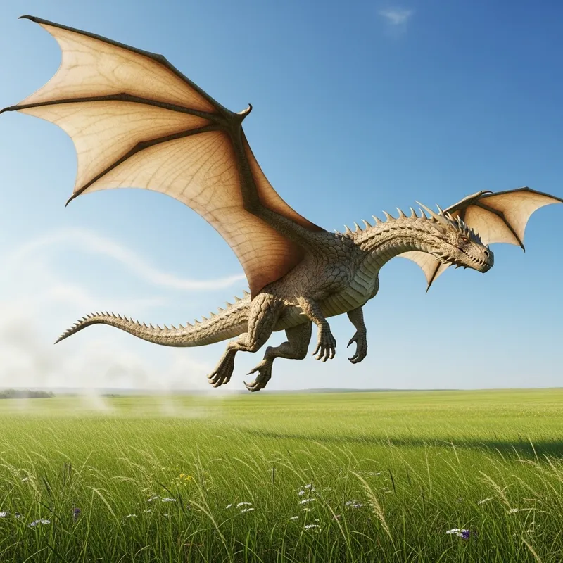 Beige Dragon Soaring over Field
