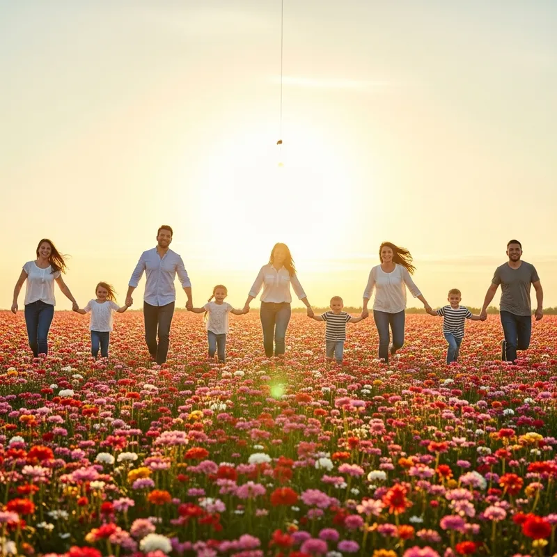 Joyful Families Running Through Vibrant Flower Field | Diverse Parents & Children