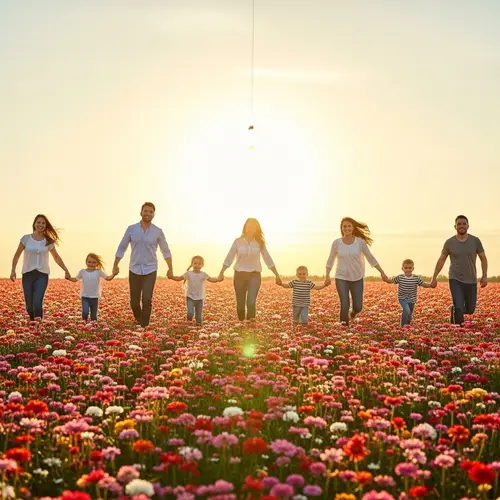 Happy Families Running Through Field of Flowers | Joyful Parents & Children